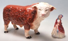 MELBA PORCELAIN COW FIGURINE & ROYAL DOULTON LADY FIGURINE