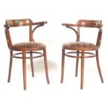 PAIR OF EDWARDIAN BISTRO ARM CHAIRS WITH UPHOLSTERED SEATS