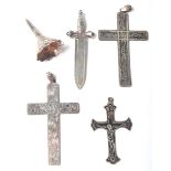 A group of three 925 silver hallmarked necklace pendant crucifix with engraved scrolled motifs.