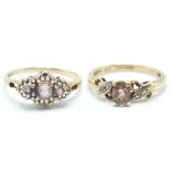 TWO 9CT GOLD LADIES RINGS SET WITH PINK AND WHITE STONES