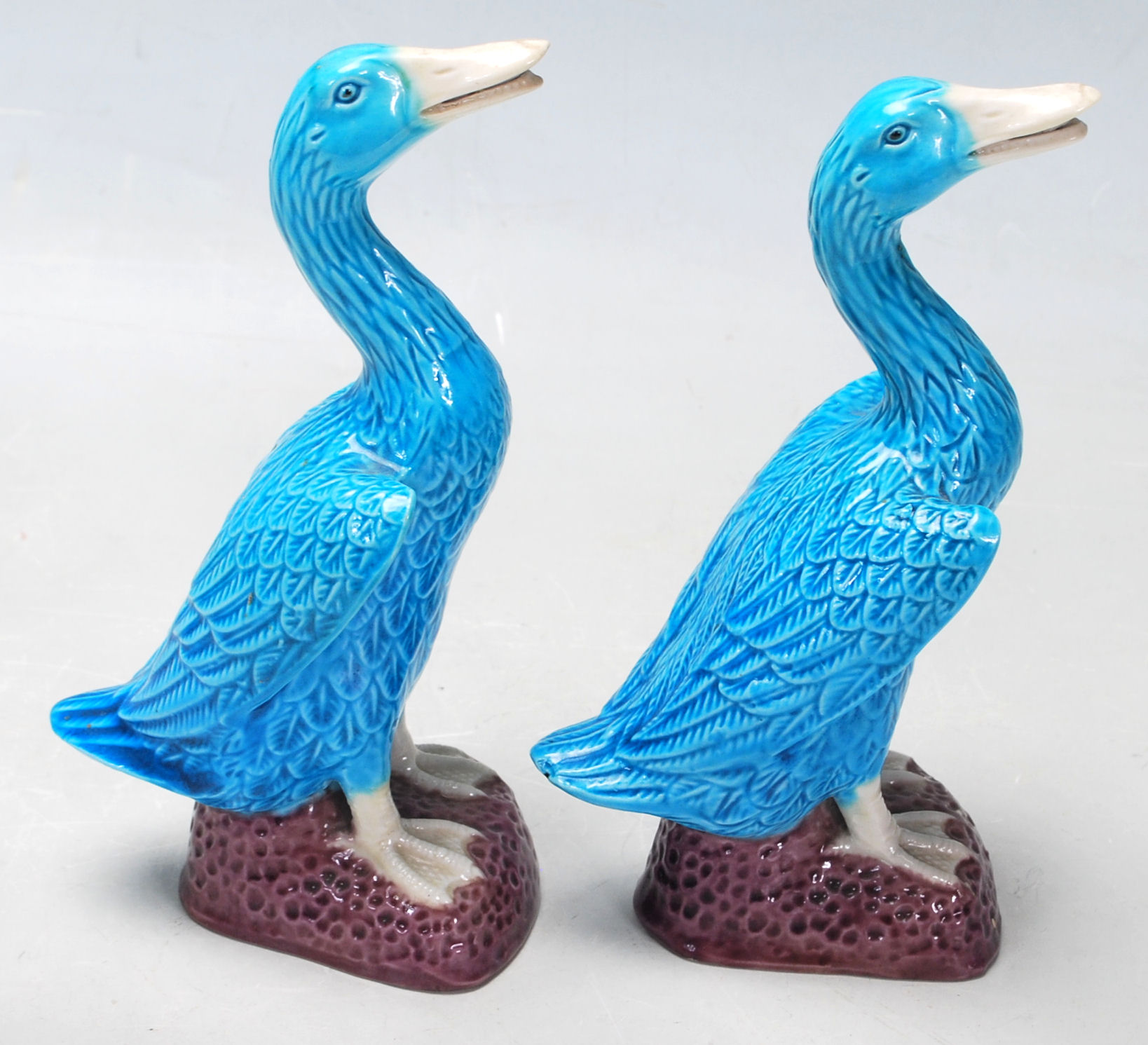 A pair of vintage turquoise blue Japanese ducks figurines having white opened beak, opened wings, - Image 2 of 5