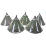 A set of five vintage retro 20th century green enamel factory industrial light shades of conical