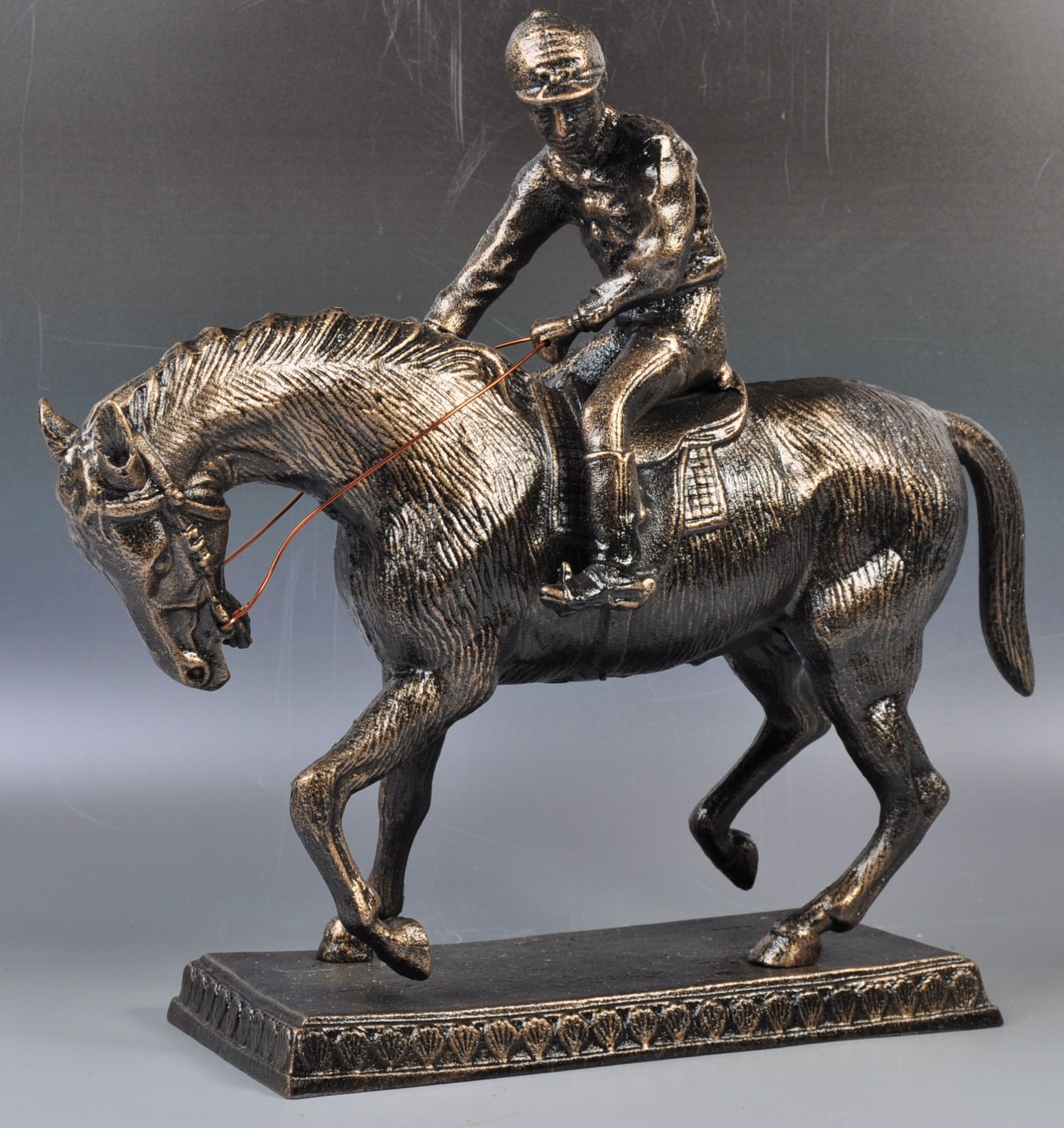 LARGE BRONZE EFFECT HORSE & JOCKEY DECORATIVE FIGURE