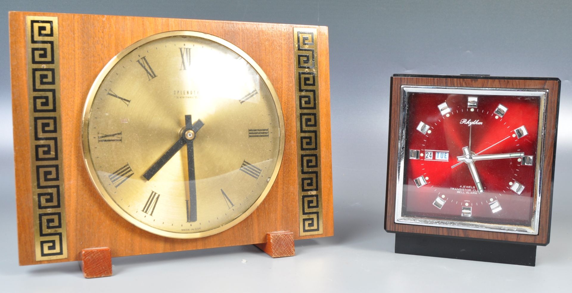 TWO VINTAGE TEAK WOOD RETRO TABLE CLOCKS