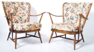 ERCOL - PAIR OF WINGBACK ARMCHAIRS WITH CUSHIONED