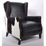 BLACK LEATHER AND COWHIDE UPHOLSTERED WINGBACK ARM