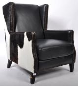 BLACK LEATHER AND COWHIDE UPHOLSTERED WINGBACK ARM