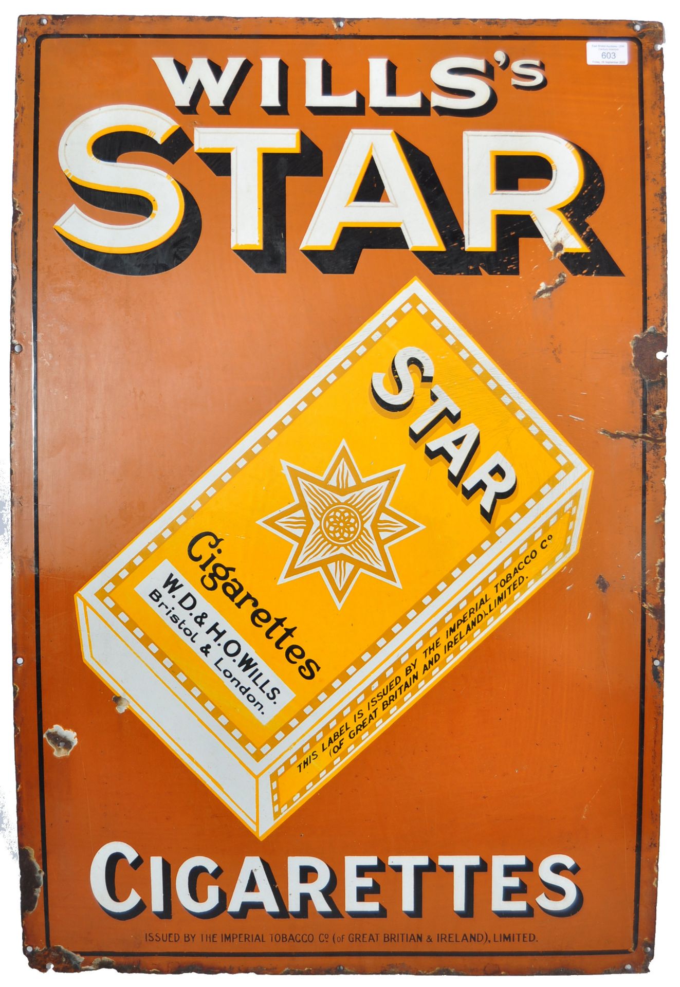 WILLS'S STAR CIGARETTES PICTORIAL ENAMELED ADVERTISING SHOP SIGN