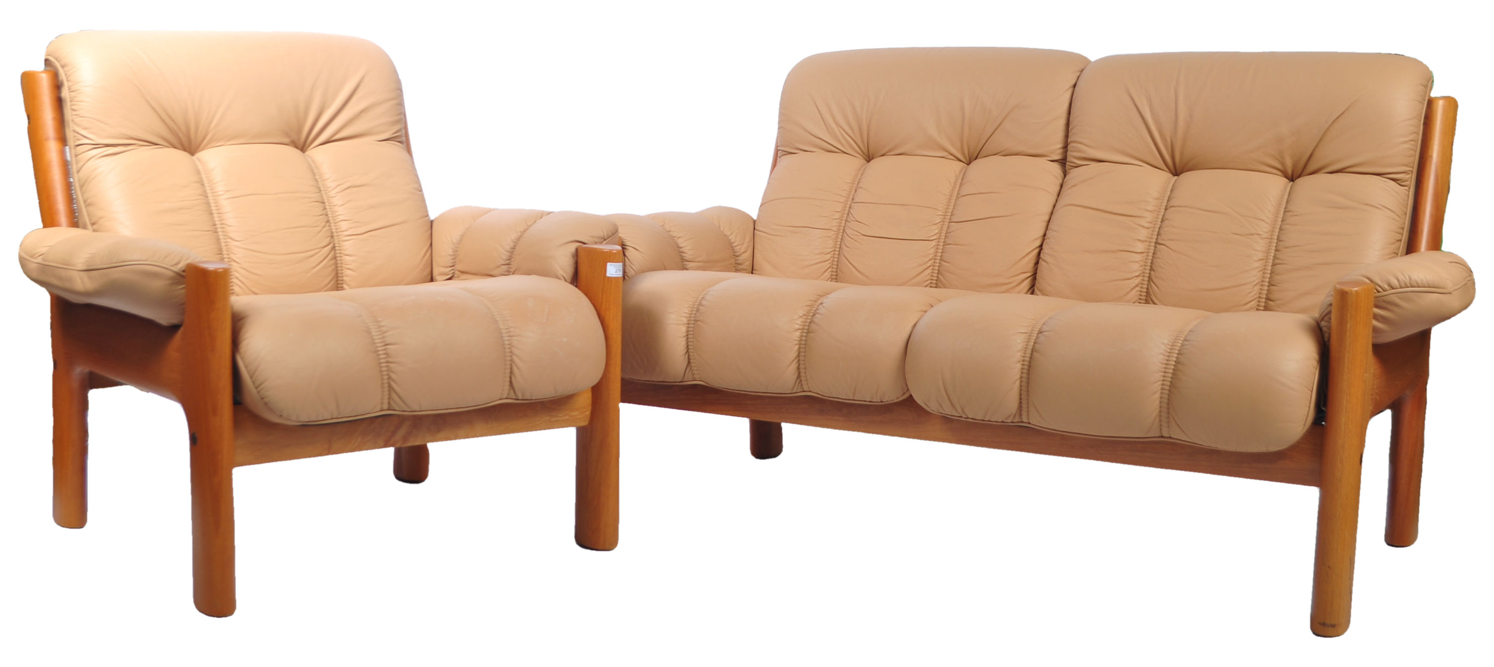 DANISH TEAK FRAMED AND LEATHER TWO SETTER SOFA AND MATCHING ARMCHAIR