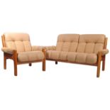 DANISH TEAK FRAMED AND LEATHER TWO SETTER SOFA AND MATCHING ARMCHAIR