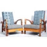 FINE PAIR OF OAK FRAMED ART DECO RECLINING EASY LOUNGE ARMCHAIRS