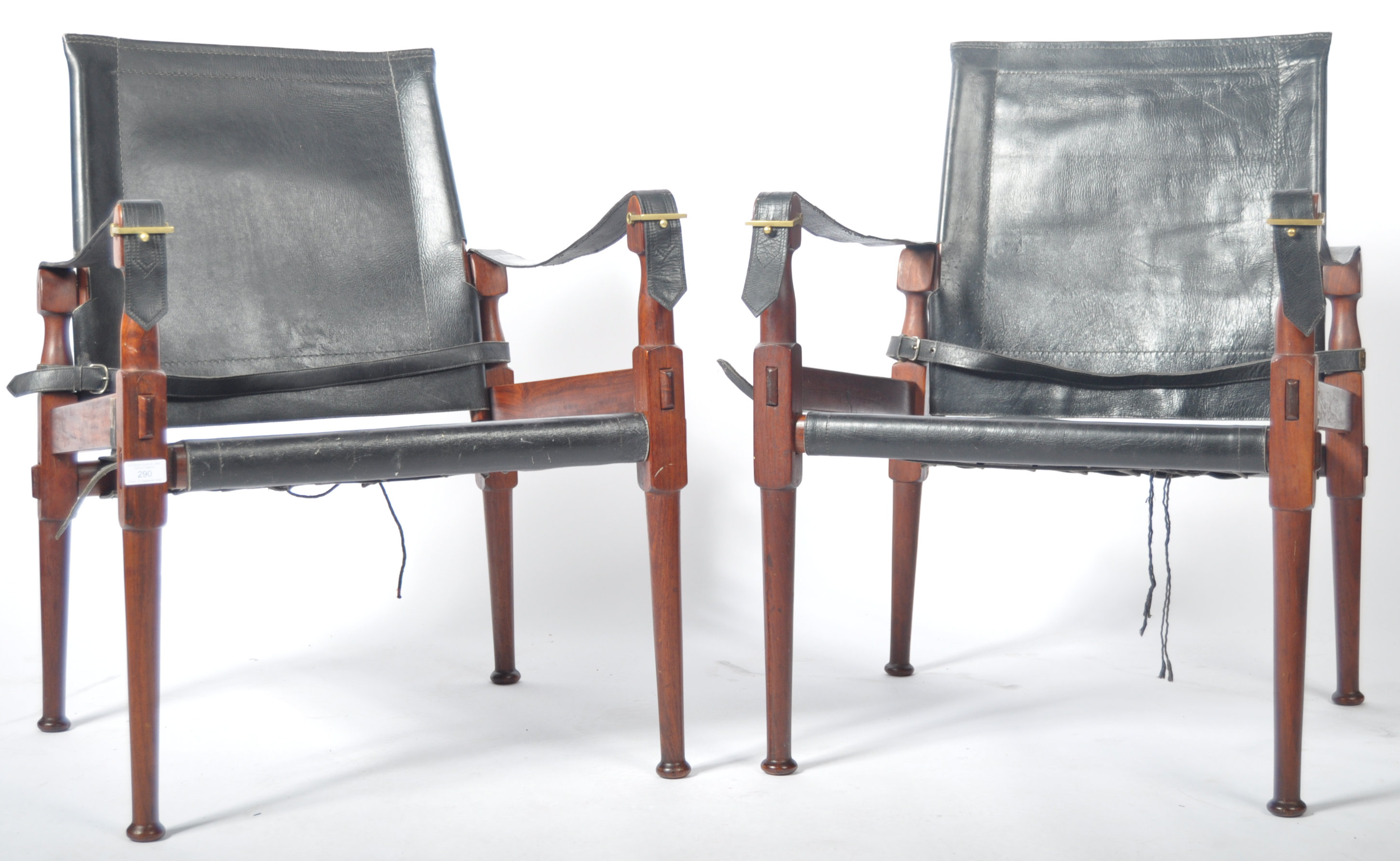 M. HAYAT & BROS 1970'S PAIR OF TEAK AND LEATHER SAFARI CHAIRS