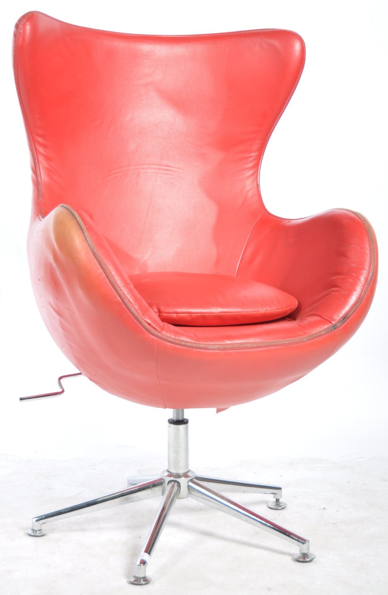 MID CENTURY RED LEATHER AND CHROME SWIVEL EGG CHAIR