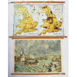 TWO VINTAGE SCHOOL / EDUCATIONAL WALL POSTERS - MAP & BRIXHAM