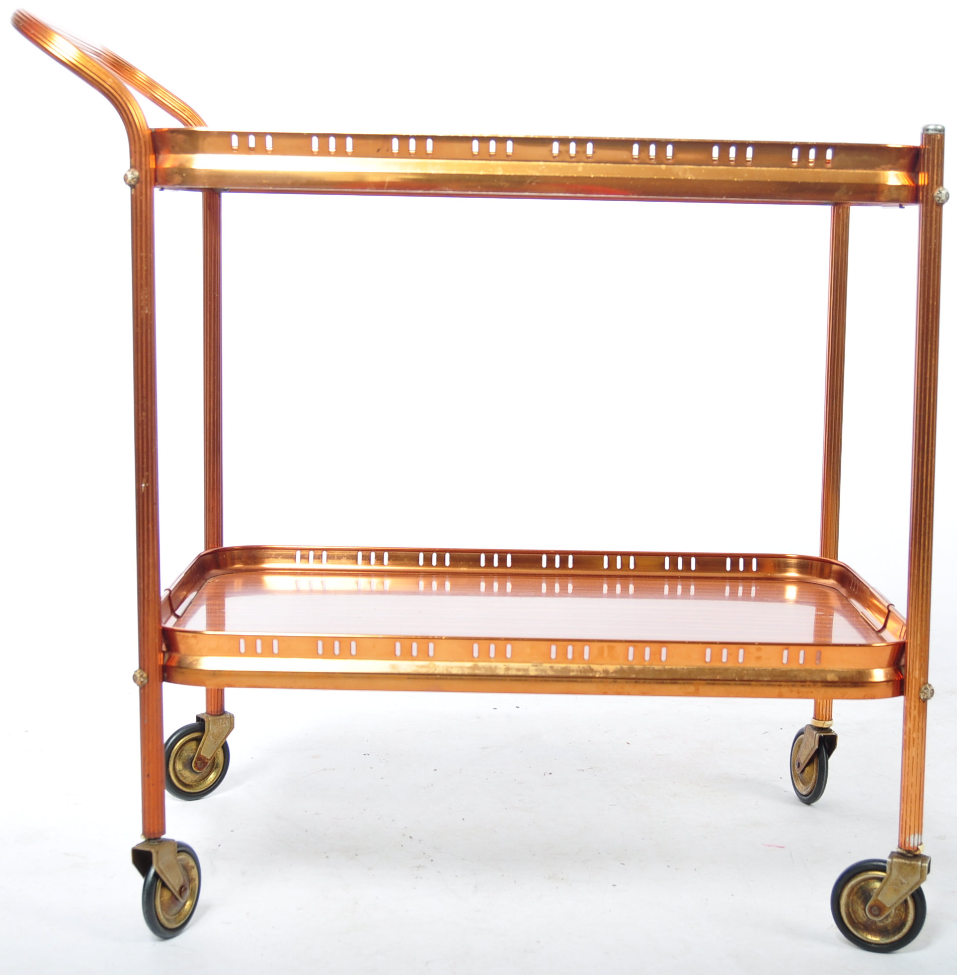 MID CENTURY COPPER EFFECT BRASS TWO TIER TEA TROLLEY - Image 2 of 5