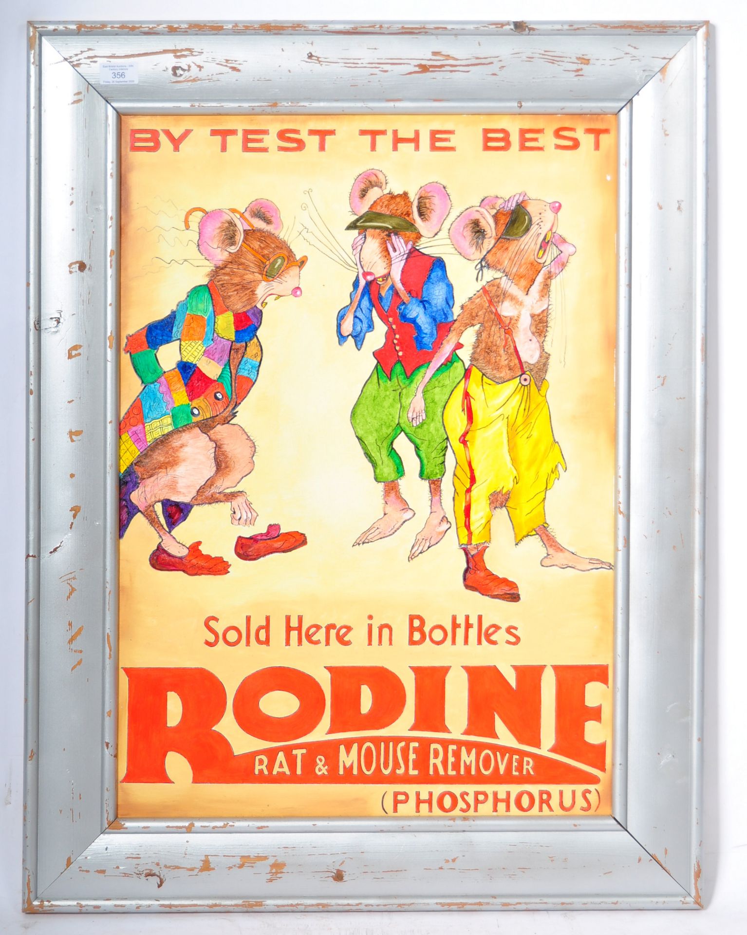 RODINE RAT AND MOUSE REMOVER OIL ON BOARD IMPRESSION OF A ENAMEL SIGN