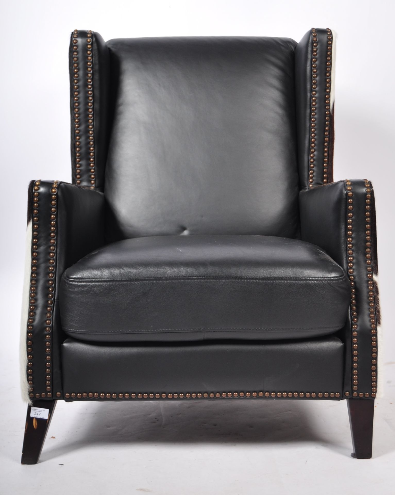BLACK LEATHER AND COWHIDE UPHOLSTERED WINGBACK ARM - Image 2 of 6