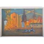 C. HOPEWELL MID CENTURY NAIVE OIL ON BOARD PAINTING OF THE DESTRUCTION OF COVENTRY CATHEDRAL