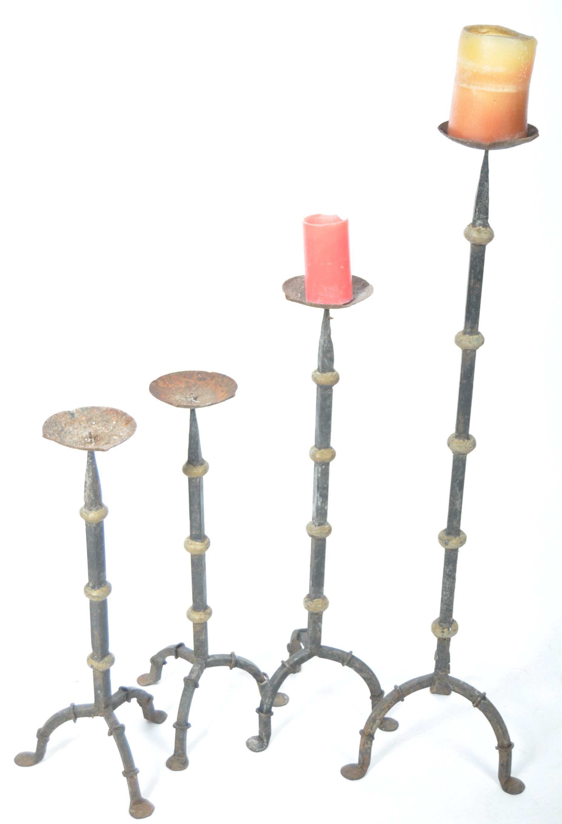 GOOD GROUP OF FOUR VICTORIAN GRADUATING IRON WORK CANDLE HOLDERS - Image 2 of 6
