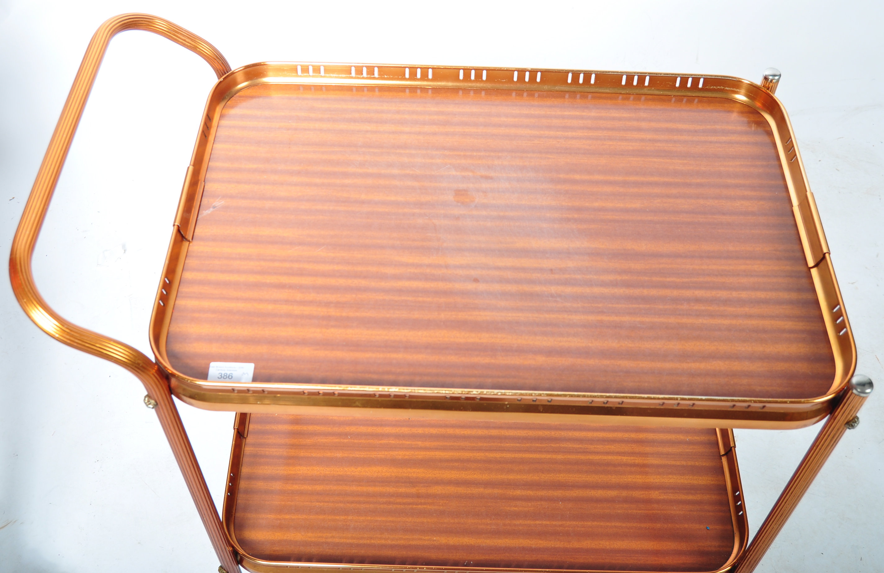 MID CENTURY COPPER EFFECT BRASS TWO TIER TEA TROLLEY - Image 3 of 5