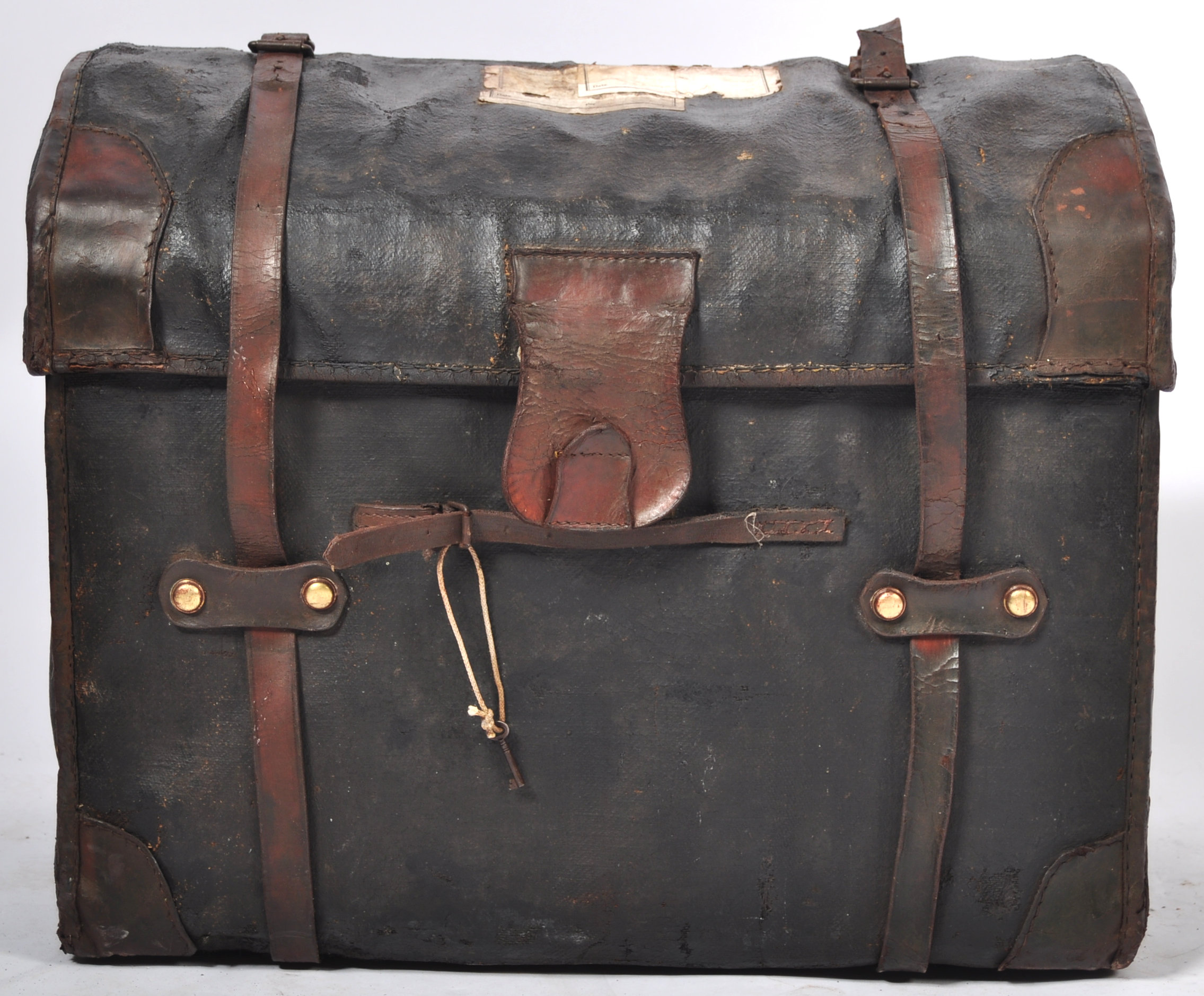 19TH CENTURY VICTORIAN CANVAS AND LEATHER DOMED TOP TRAVEL TRUNK