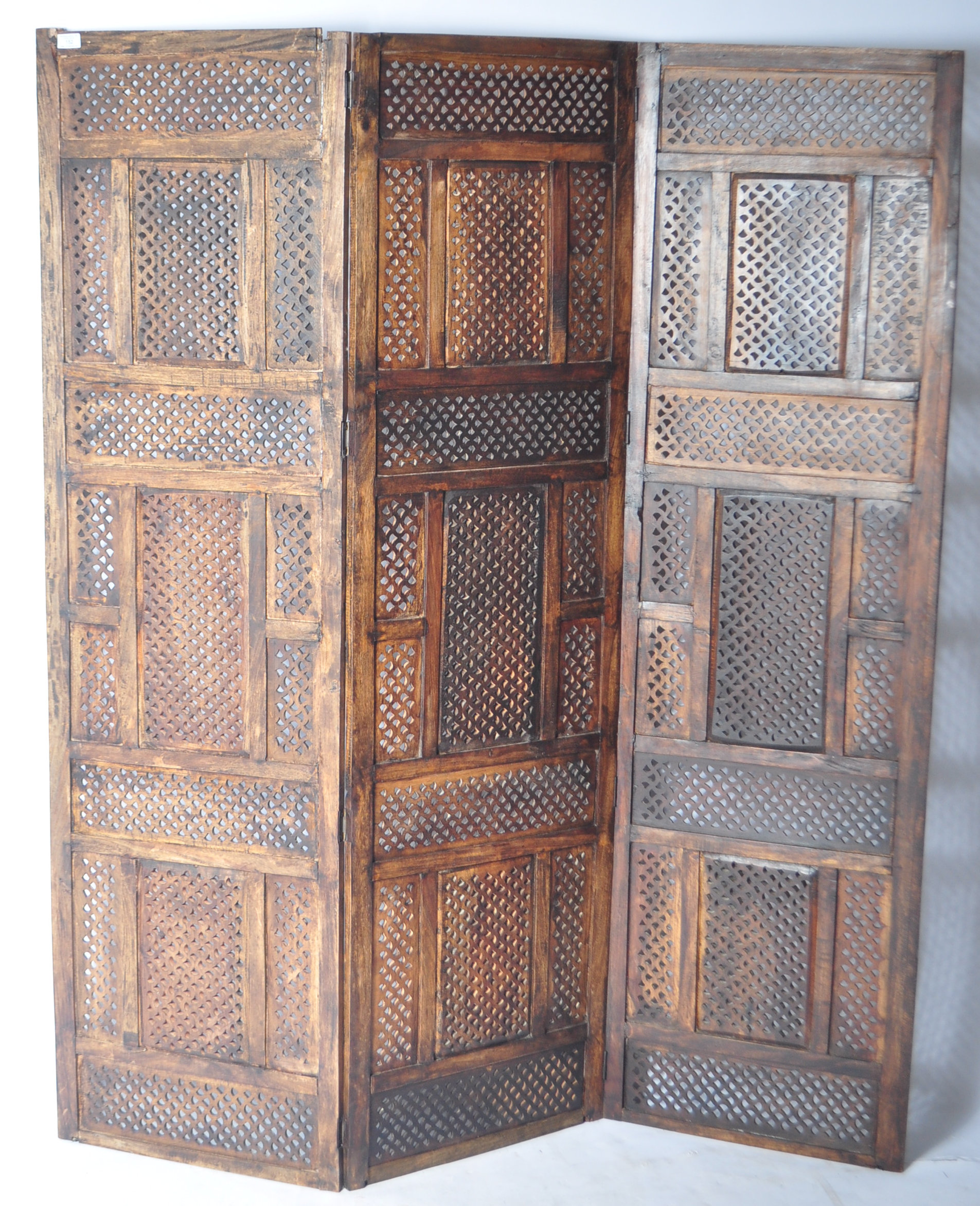 EARLY 20TH CENTURY INDIAN HARDWOOD THREE SECTION FOLDING SCREEN