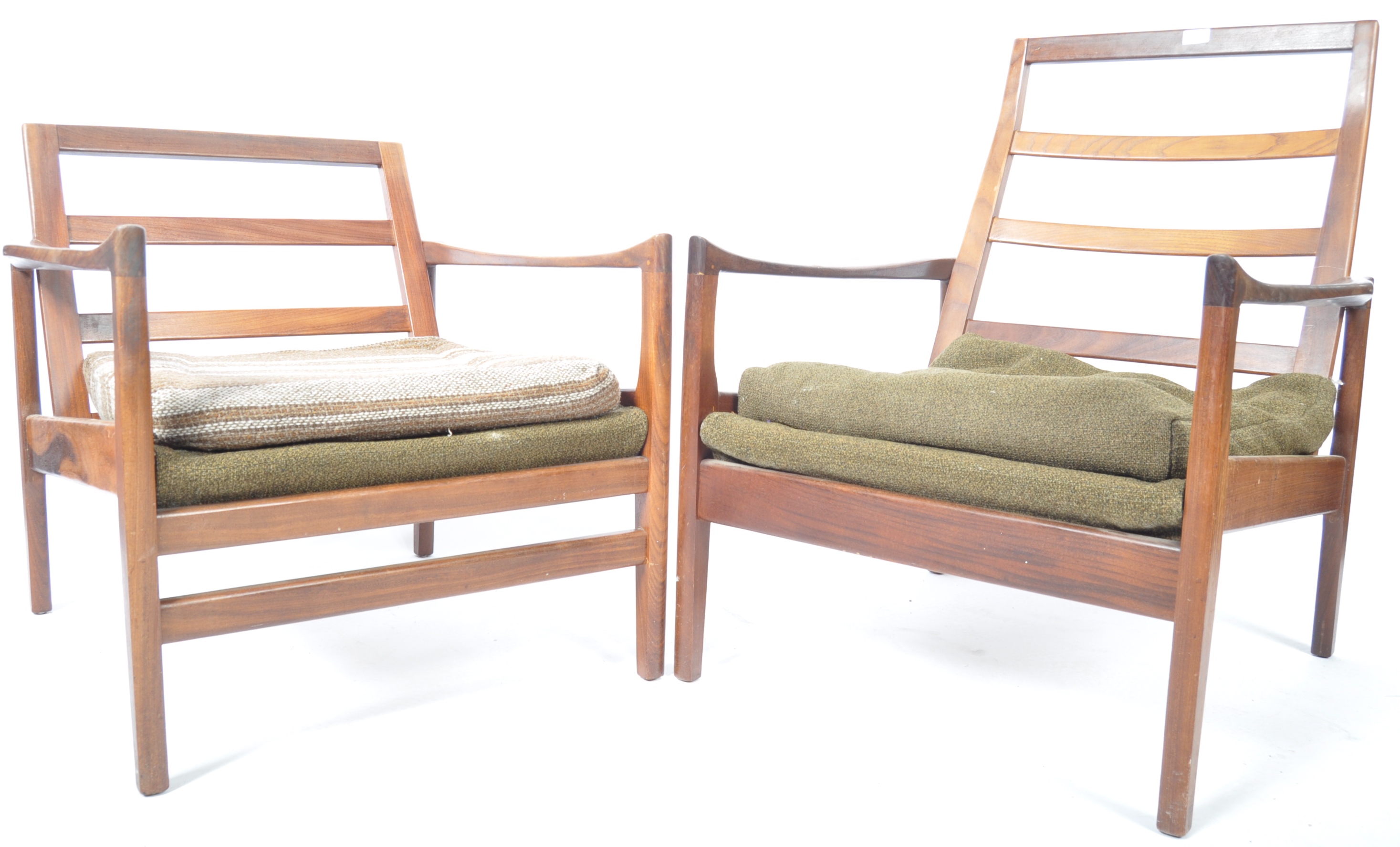 QUALITY PAIR OF HIS AND HERS TEAK FRAMED ARMCHAIRS / EASY LOUNGE CHAIRS