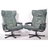 KEBE PAIR OF DANISH GREEN LATHER WINGBACK SWIVEL ARMCHAIRS