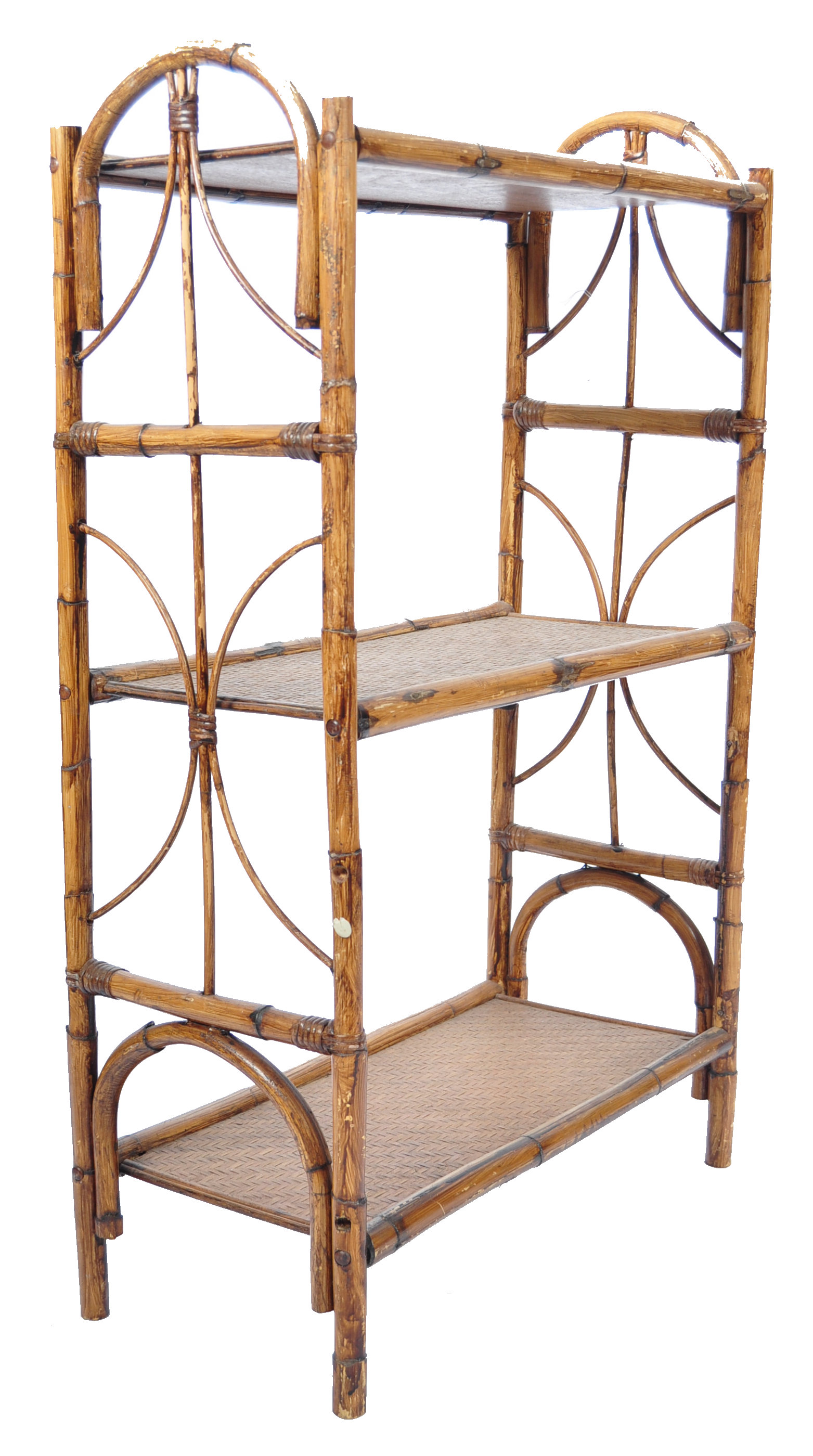 VINTAGE THREE TIER OPEN DISPLAY BOOKCASE OF BAMBOO CONSTRUCTION