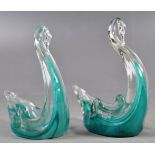 PAIR OF RETRO TURQUOISE GLASS TABLE SALTS / TRINKET DISHES IN THE FORMS OF SWANS