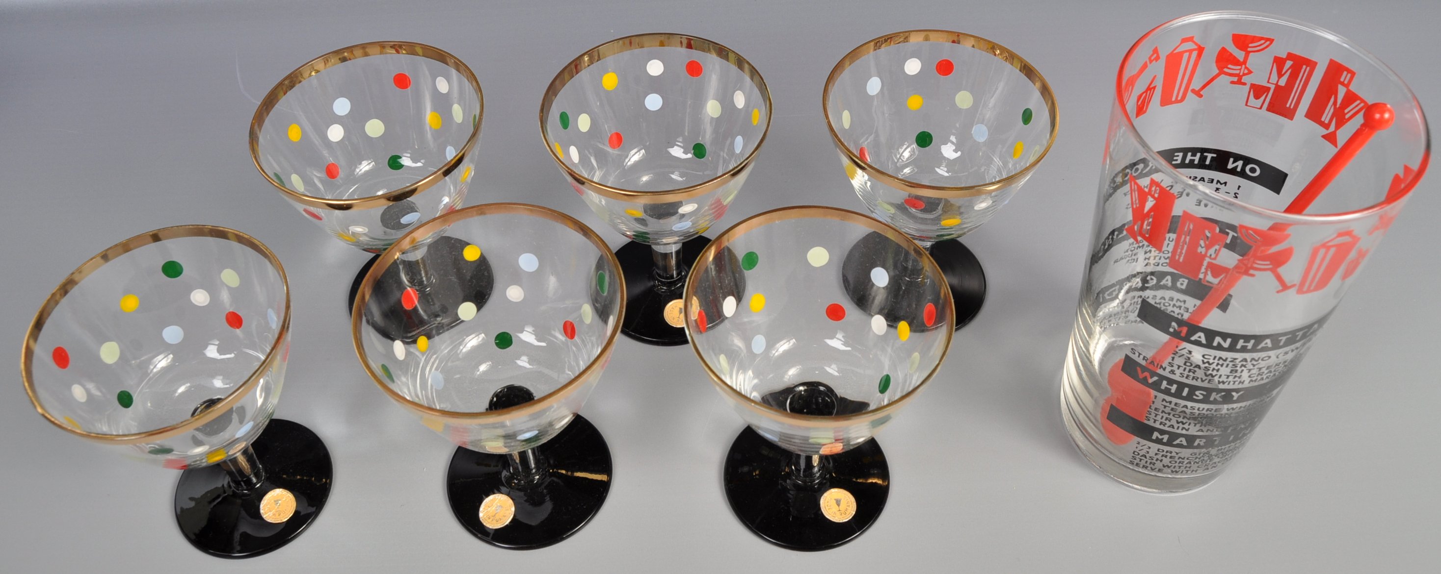 MATCHING SET OF SIX RETRO POLKA-DOT COCKTAIL GLASSES AND MIXER - Image 2 of 6