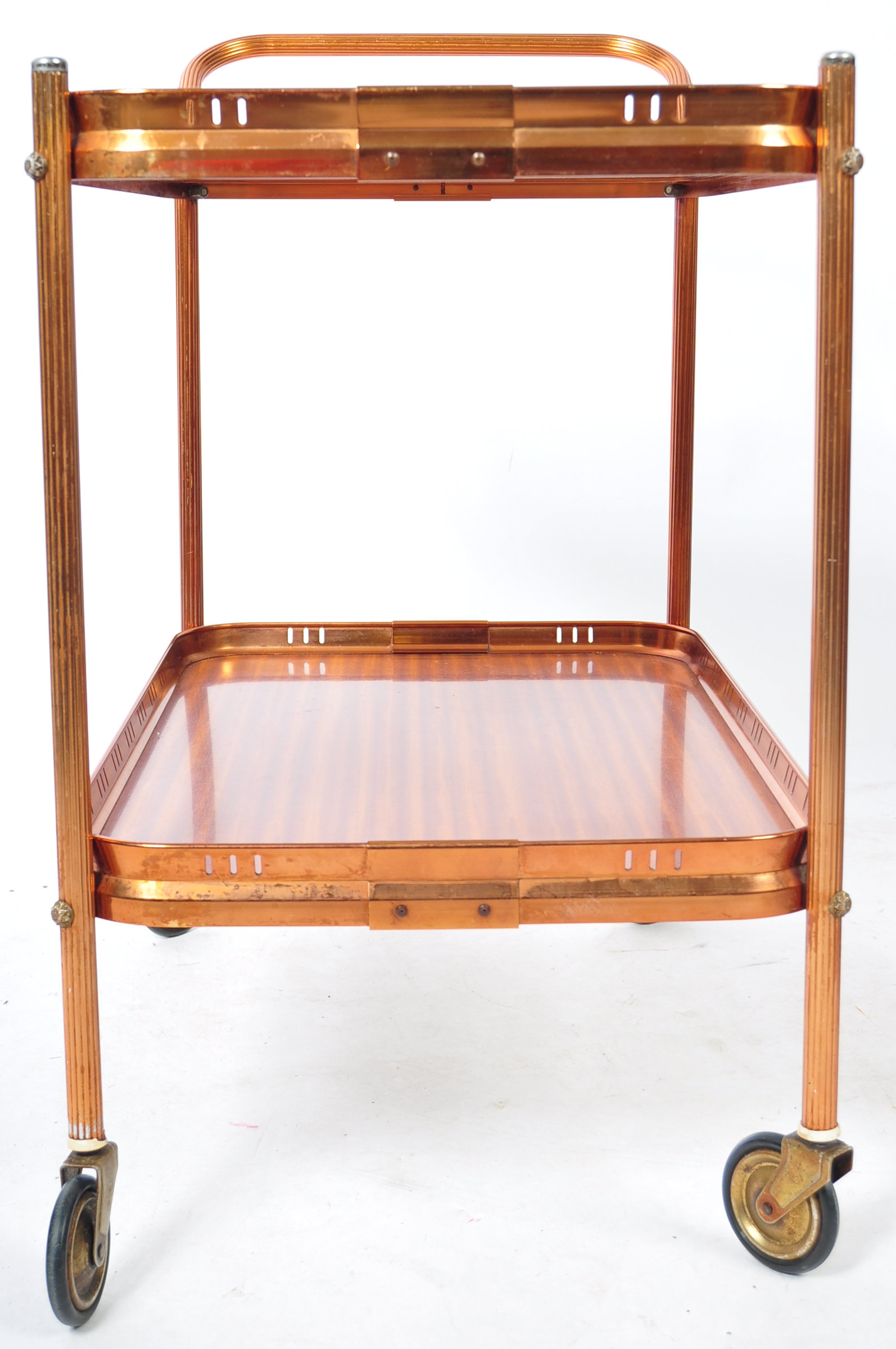 MID CENTURY COPPER EFFECT BRASS TWO TIER TEA TROLLEY - Image 5 of 5