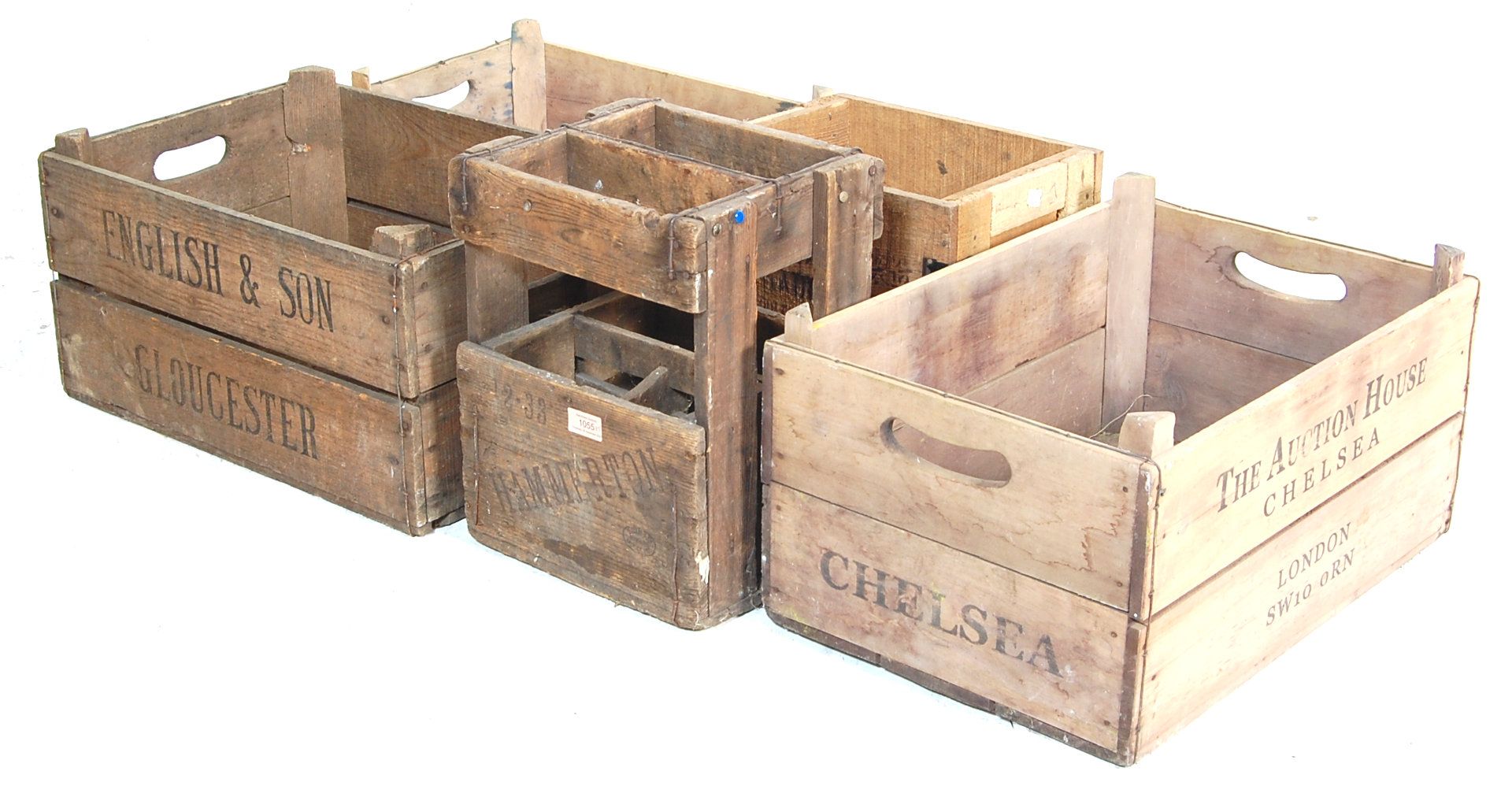 FIVE RETRO 20TH CENTURY WOODEN ADVERTISING CRATES