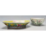 TWO CHINESE CERAMIC BOWLS - FAMILY JAUNE - FLORAL MOTIFS DECORATIONS