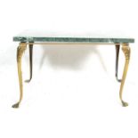 MID CENTURY GREEN MARBLE TOPPED COFFEE TABLE ON BRASS SUPPORTS