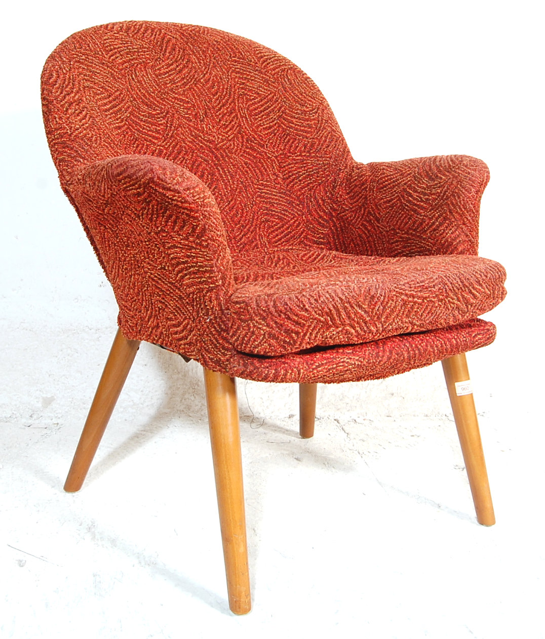 VINTAGE 20TH CENTURY TUB CHAIR WITH RED UPHOLSTERY AND TURNED SUPPORTS