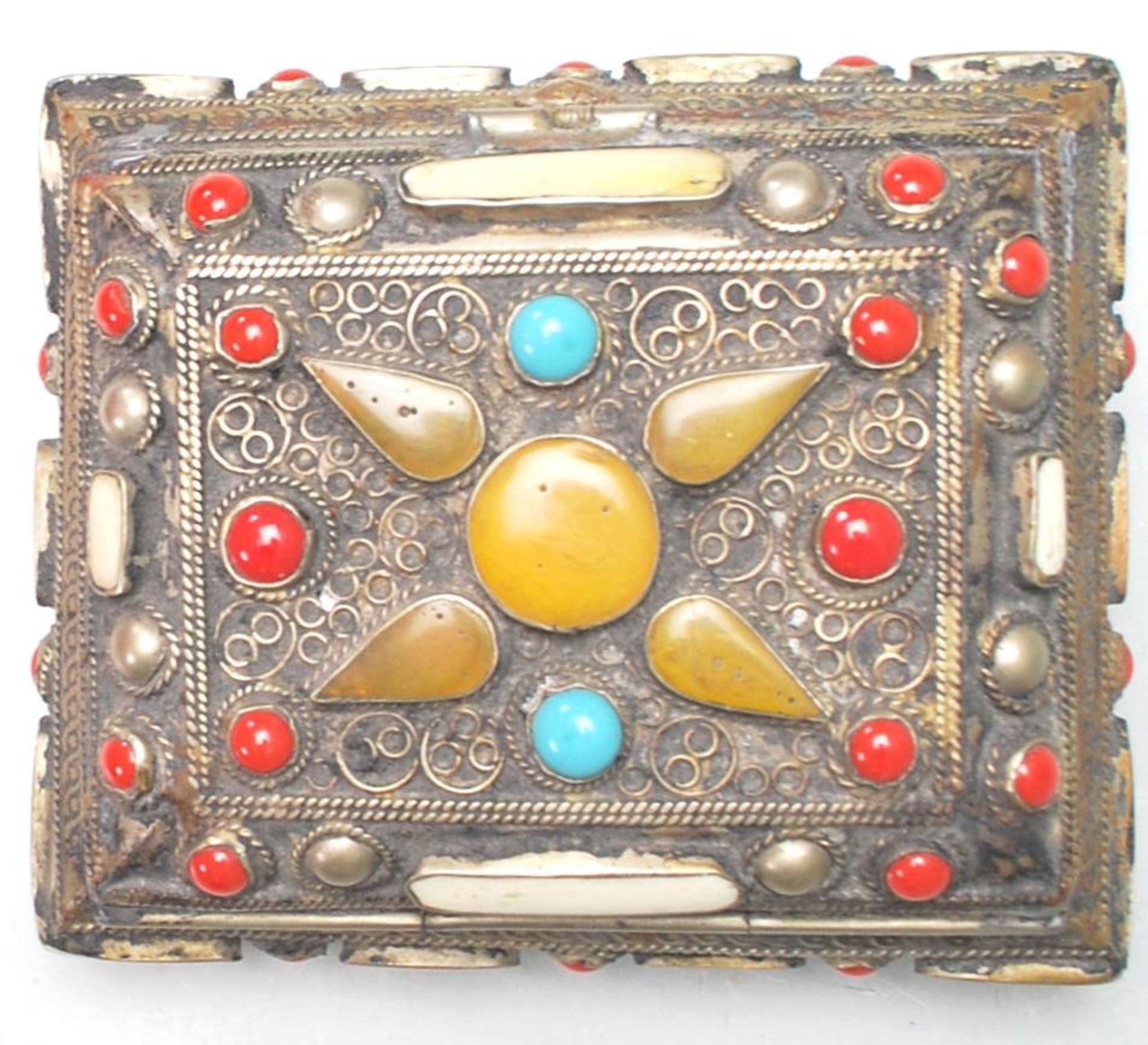 FILIGREE WORKED BONE, CORAL AND TURQUOISE LIDDED BOX - Bild 2 aus 7