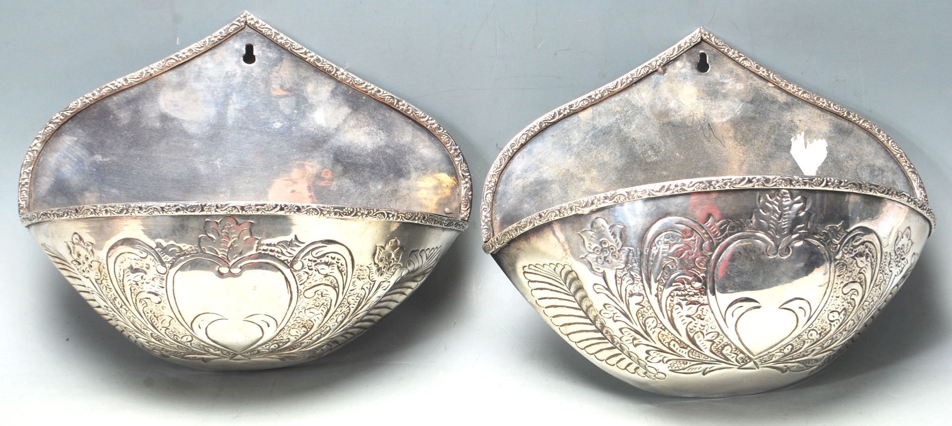 PAIR OF ANTIQUE STYLE SILVER PLATED STOOPS - WALL HANGING POCKETS