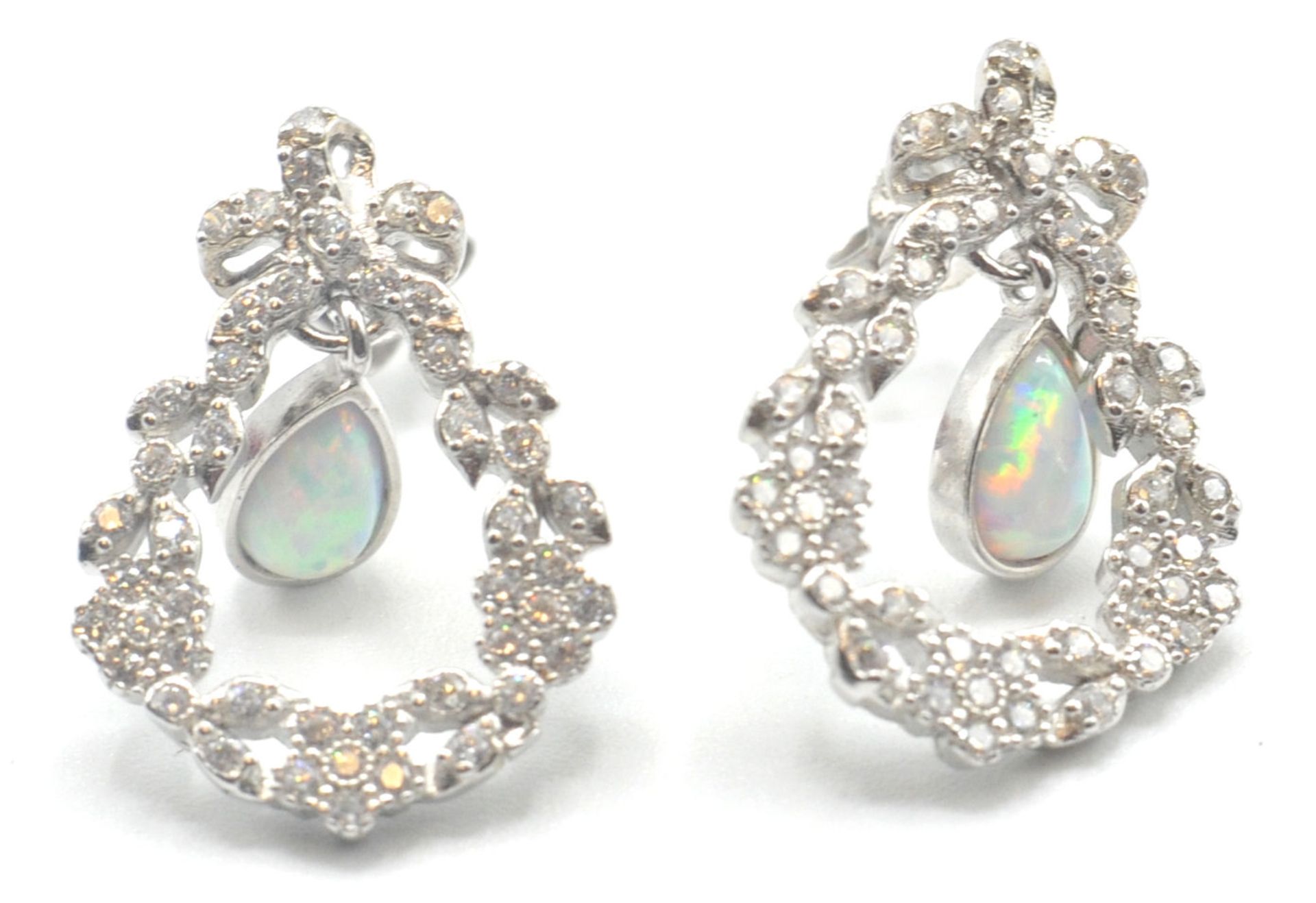 A PAIR OF STAMPED 925 SILVER BELLE EPOCH STYLE EARRINGS SET WITH OPALITES AND CUBIC ZIRCONIA