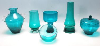 COLLECTION OF MID CENTURY TEAK BLUE ART GLASS