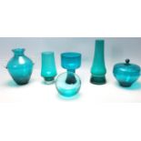 COLLECTION OF MID CENTURY TEAK BLUE ART GLASS