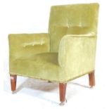 AN ANTIQUE STYLE GREEN VELVET UPHOLSTERY BUTTON BACK ARM CHAIR