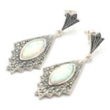 A PAIR OF STAMPED 925 SILVER ART DECO STYLE DROP EARRINGS SET WITH OPALITE AND MARCASSITES