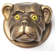 AN UNUSUAL BRONZE BELL IN THE FORM OF A BULLDOGS HEAD.