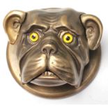 AN UNUSUAL BRONZE BELL IN THE FORM OF A BULLDOGS HEAD.