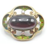 18CT GOLD GARNET DIAMOND AND ENAMEL BROOCH