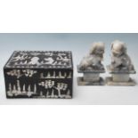 20TH CENTURY EBONISED BOX WITH MOTHER OF PEARL GARDEN SCENE DECORATION AND TWO FO DOGS