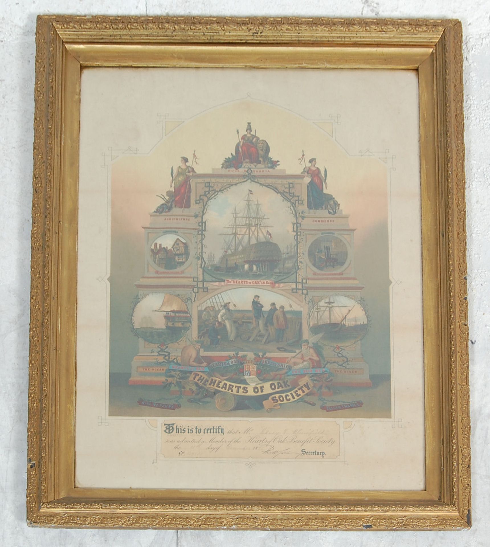A VICTORIAN FRAMED PICTORIAL CERTIFICATE FOR THE HEART OF OAK SOCIETY
