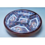 20TH CENTURY CHINESE LAZY SASAN - WOODEN BOX AND BLUE CERAMIC PLATES