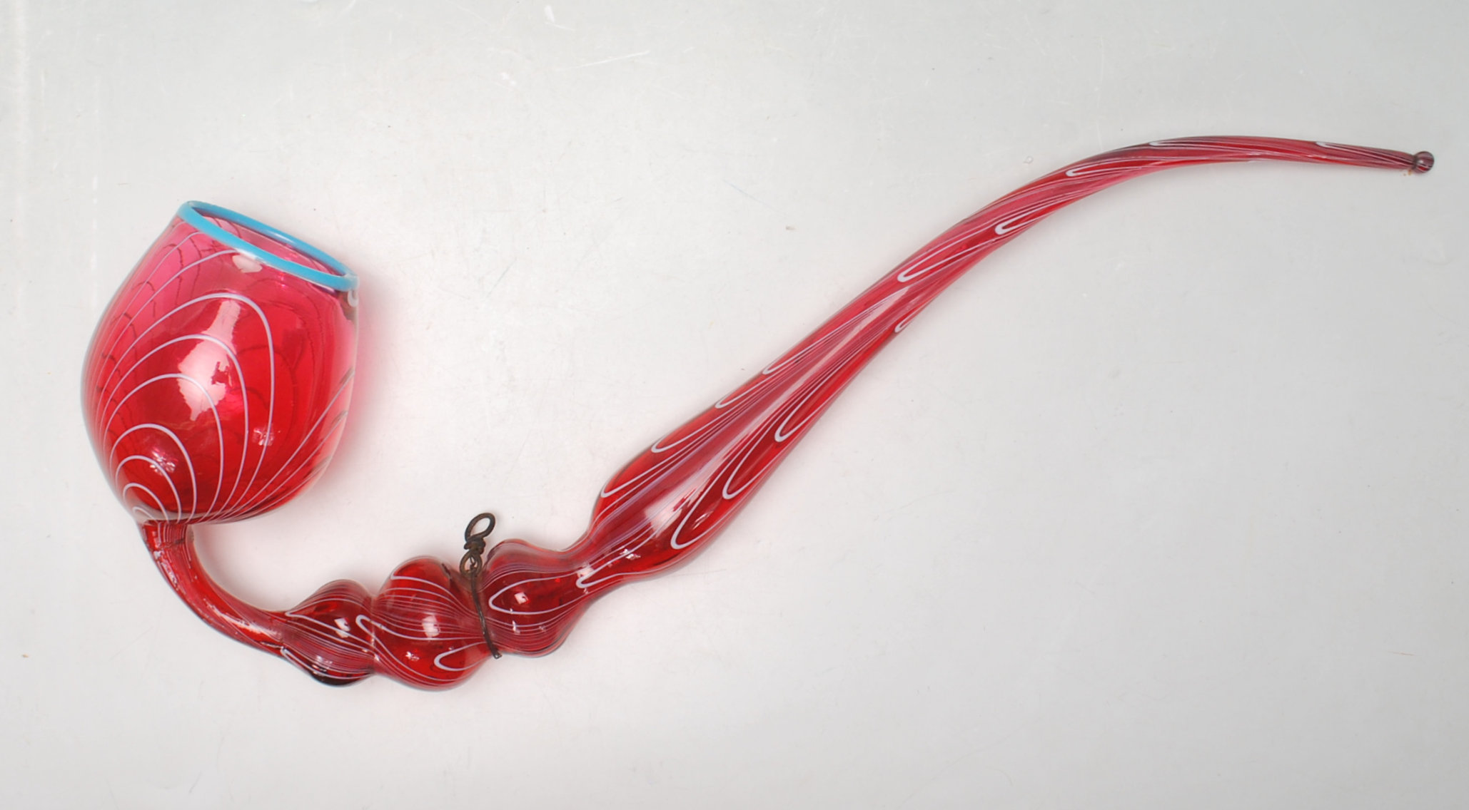 19TH CENTURY VICTORIAN NAILSEA CRANBERRY GLASS PIPE WITH ENAMEL PAINT DECORATION